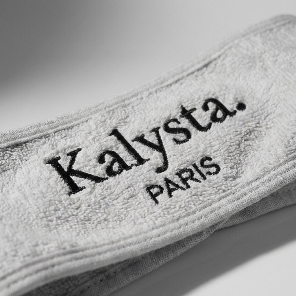 Gros plan sur la broderie Kalysta Paris et la maille éponge du bandeau gris