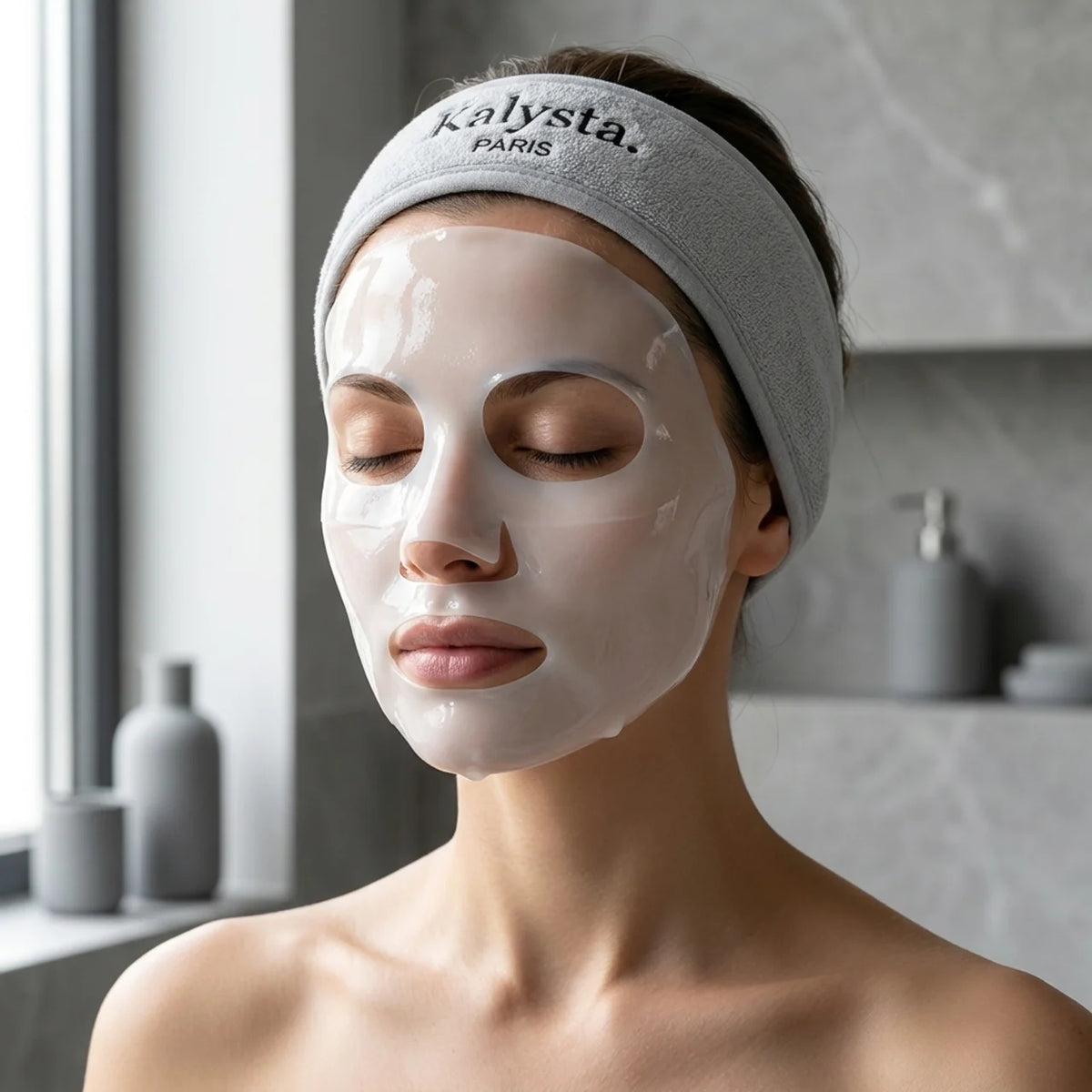 Femme portant le bandeau Kalysta Paris pendant la pose du masque hydrogel