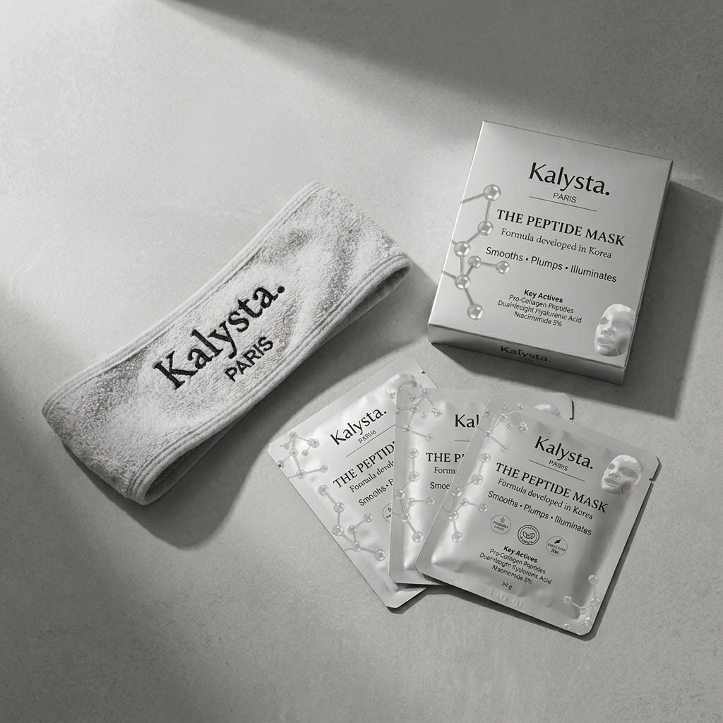 Bandeau Kalysta Paris posé à côté du coffret et des sachets The Peptide Mask